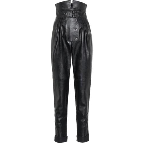 Can fit 190cm height Fashion full length pleated leather pants Spring female High waist was thin pu leather Pants with belt F842