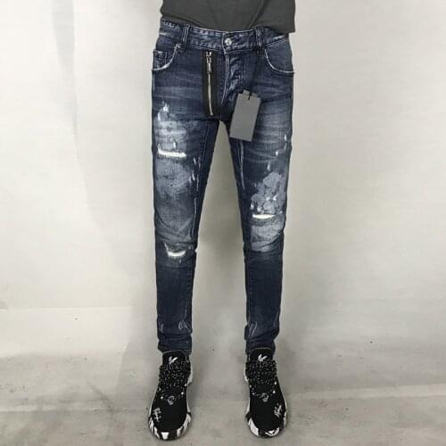 Italian Vintage Fashion Men Jeans Retro Dark Blue Slim Fit Painted Punk Ripped Jeans Men Streetwear Spliced Hip Hop Biker Pants