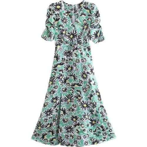 2021 summer new womens V-neck pleated slim treasure dress dlqz862