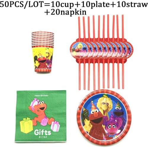 50pcs/Lot Disposable Tableware For Birthday Party Supplies Sesame Street Party Supplies Decoration Paper Napkin Plate Cup Straws