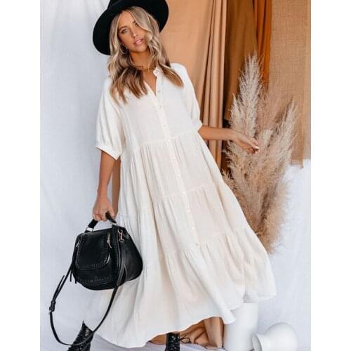 Haft Sleeve Draped Shirt Dress Cotton Woman Summer Patchwork Boho Long Red Dress Casual Loose Ladies Front Button Maxi Dress