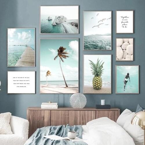Nordic Pineapple Stone Weeds Poster Beach Blue Sea Coconut Tree Women Art Print Quotes Canvas Painting Modern Living Room Decor