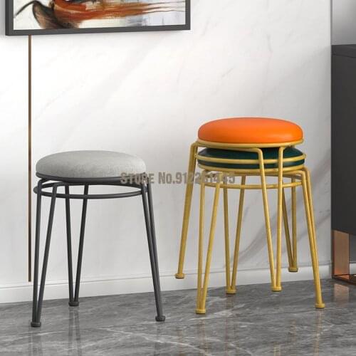 Nordic Household Light Luxury Steel Stool Simple Net Red Fabric Thickened Round Stool Fashionable Golden Dining Table Stool