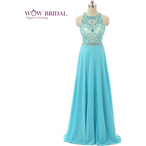 Wowbridal Graceful Sky Blue Prom Dress 2021 Halter Sheer Strapless Crystal Sequin Beaded Sash Chiffon A-Line Ruffles Party Gown