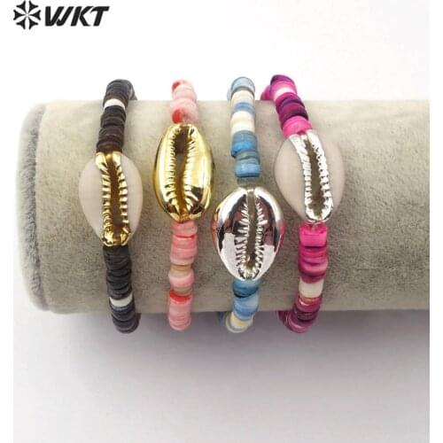 WT-B494 WKT Gold Electroplated Cowrie Shell Beads Flexiable Bracelet Cowrie Bracelet Women Charm Bracelet Jewelry