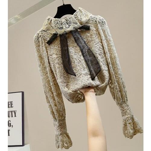 Retro Bow Turtleneck Collar Puff Sleeve Crocheted Hollow Lace Shirt Woman 2020 New Lady Elegant Top Lace Blusa Blouse