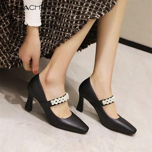 2021 Spring Summer Brand Beaded Ankle Straps Womens 7.5cm Sexy Square toe Pumps PU Leather Ladies High Heels 34-43 Beige Black