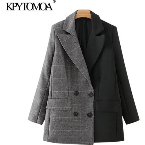 KPYTOMOA Women 2020 Fashion Double Breasted Patchwork Blazer Coat Vintage Long Sleeve Pockets Female Outerwear Chic Tops