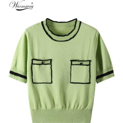 Vintage Elegant Women Knitted Pullover Tee Summer Short Sleeve O-neck Pockets Tops Korean Fashion Ladies Jumpers Femme B-132