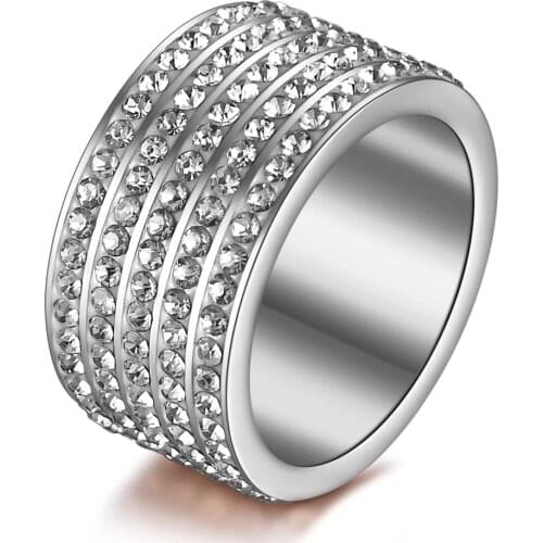12mm Wide 5 Row CZ Crystal Pave Stainless Steel Jewelry Wedding Rings for women