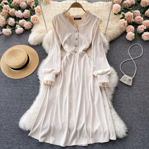 Autumn Vintage Beige Lace Midi Dress For Women Elegant V-Neck Lantern Long Sleeve A-Line Slim Casual Vestidos Female 2021 New