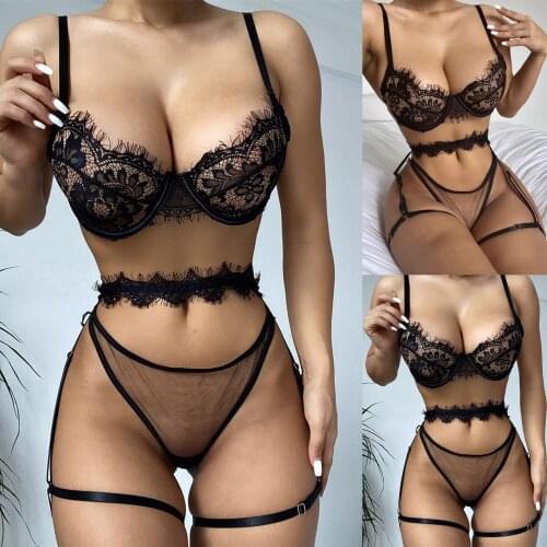 Womans Underwear Sexy Lingerie Solid Lace Bra Set Porn Transparent Bralette Panty Lace Three-point Bikini Erotic Lingerie Set