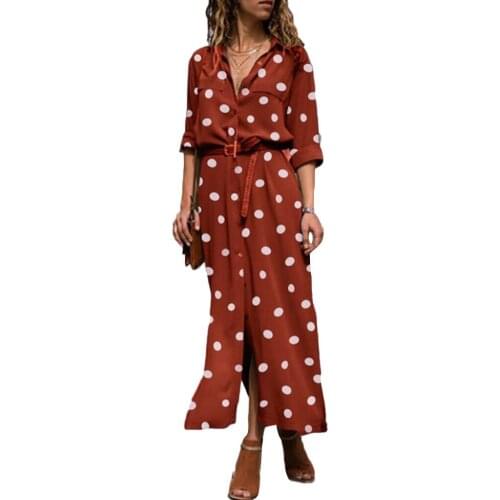 2021 Autumn Women Dresses Max Polka Dot Print Slitting Long Sleeve Turn Down Collar Maxi Shirt Dress robe longue 2021 Vestidos
