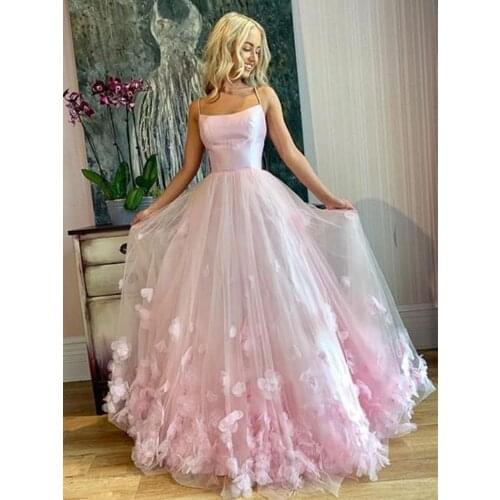 Sweet Pink Evening Dress with Flowers Spaghetti Straps A-line Long Prom Dresses