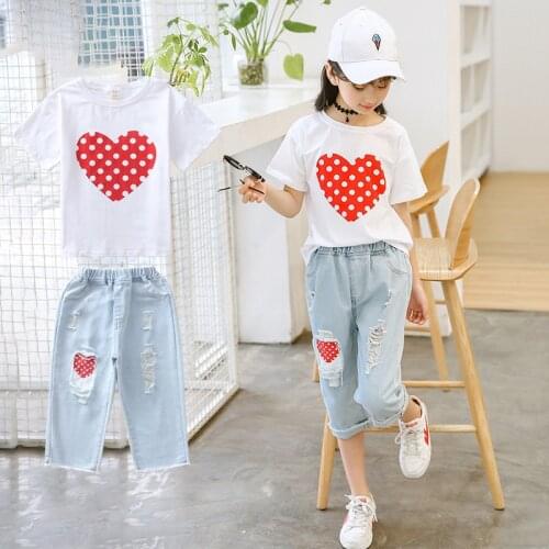 2021 Girl Clothes Set Summer Clothes For Girl Short Sleeve Print Heart + Ripped Jeans Shorts Children Casual Set 4-14 Years