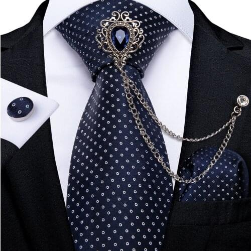 Business Blue White Dot Mens Ties Luxury Brooch Chain Handkerchief Cufflinks Gift For Men 8cm Silk Formal Necktie Set DiBanGu