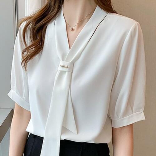 Summer Short Sleeve Blouse Women Office Lady V-Neck White Chiffon Blouse Shirt Tops Blusas Mujer De Moda 2021 Blouses Femme E687