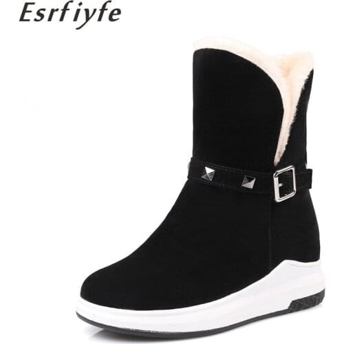 ESRFIYFE New Rivet Women Winter Boots Flock Ankle Snow Boots Female Warm Fur Plush Insole High Quality Botas Mujer Buckle Shoes