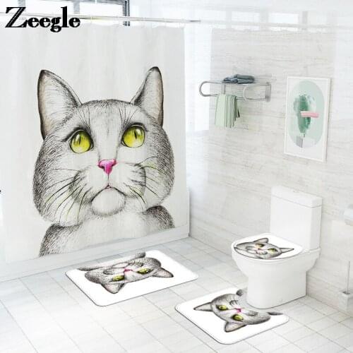 Animal cat and dog print bathroom bath mat shower curtain toilet mat memory foam seat cushion non-slip floor mat set