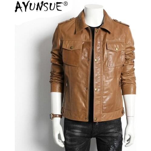 AYUNSUE Mens Genuine Leather Jacket 100% Real Cow Leather Coat Spring Autumn Vintage Biker Motorcycle Jacket Slim 1435 KJ4029