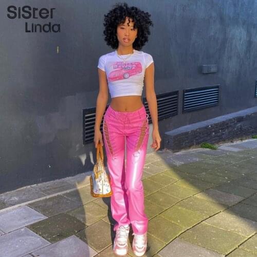 Summer Faux PU Y2K Hollow Out Bandage Straight Trousers Women Chic High Waist Trend Leather Pants Female Streetwear Outfits 2021