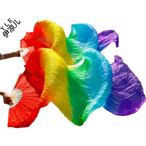 2016 Hot sale women 100% real silk belly dance fan veils of belly dance fans rainbow color 180*90cm