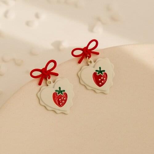 ​ZDMXJL High Class Sweet Cute Women Earring Red Bowknot Heart Fruit Strawberry Drop Earrings Bride Wedding Jewelry Accessories