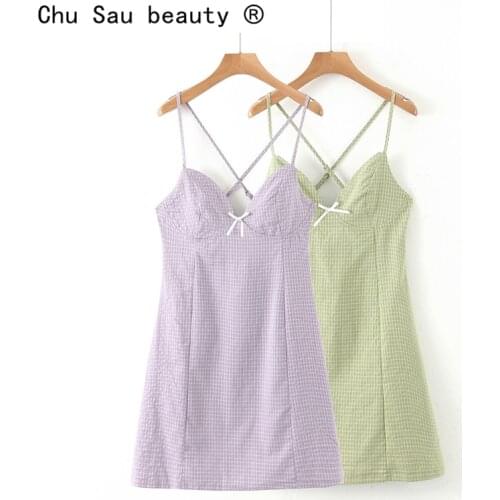 New Summer Fashion Casual Chic Plaid Print Sling Mini Dress Women Sweet Style Bow Backless Dresses Female Vestidos