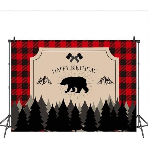 Neoback Happy Birthday Photographic Background Forest Bear Lumberjack Theme Party Backdrops Pattern Custom Background for Photo