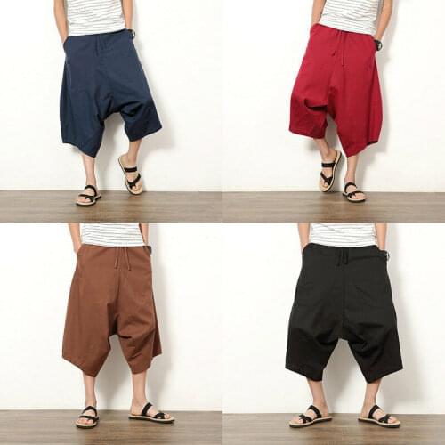 Mens Baggy Linen Pants Pocket Lounge Harem Capri Drawstring Beach Long Shorts