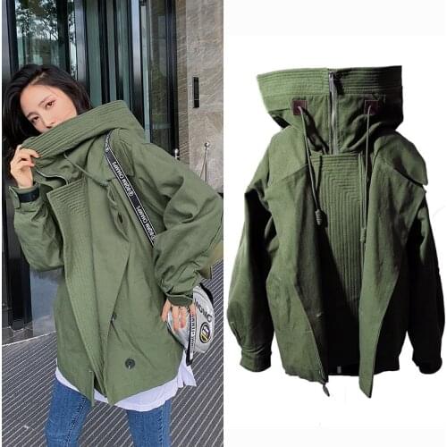 Fall/winter new coat army green tooling thick loose casual hooded stand collar fashion solid color jacket women