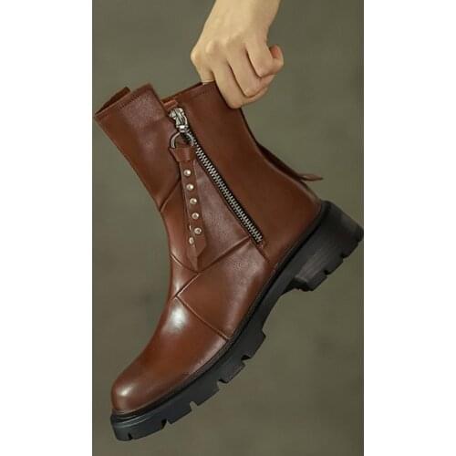 New Fall Shoes Split Leather Women Shoes Round Toe Chunky Boots 2021 Winter Boots Women Solid Motorcycle Boots Retro Women Boots