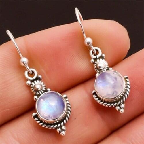 New European and American inlaid Moonstone diamond retro metal Earrings punk wind seven rainbow gem Earrings