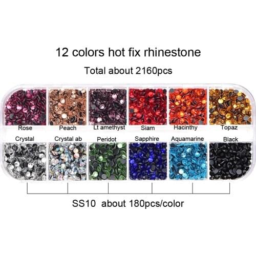New Box Set Mix Colors 12 grid box Hotfix rhinestone 2160pcs Flatback crystal stone for DIY clothing shoe bag free shipping