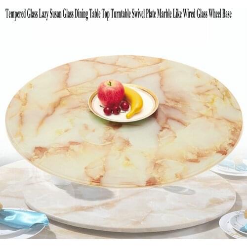 HQ ML02 Tempered Glass Lazy Susan Glass Dining Table Top Turntable Swivel Plate Marble Like Wired Glass Wheel Base