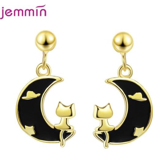 Genuine Sterling Silver Women Drop Dangle Earrings Cute Silver Cat on Black Grade Enamel Craft Moon Factory Price Silver Jewelry