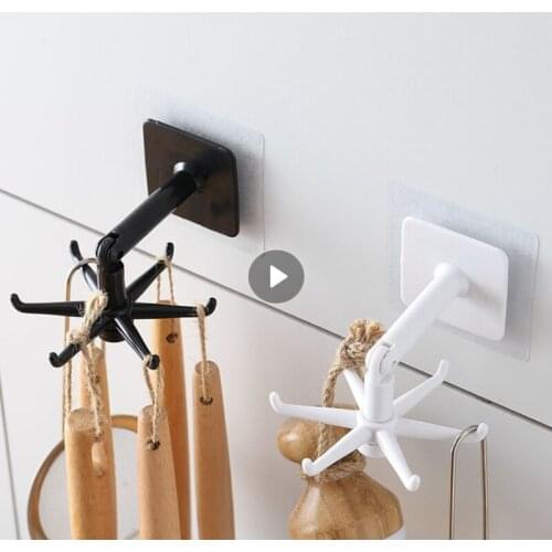 Self Adhesive 6 Hooks 360 Degrees Rotated Kitchen Hooks Home Wall Door Hook Handbag Clothes Ties Bag Hanger Hanging Rack Tool