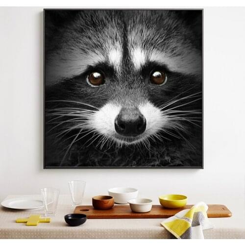 Modern Animal Black and White Cute Racoon Canvas Painting Posters and Prints Cuadros Wall Art Pictures for Living Room Decor