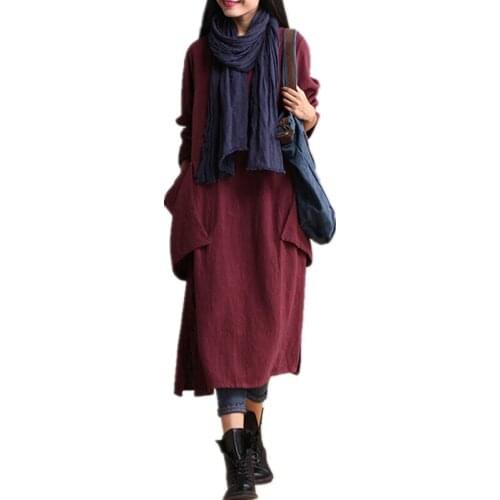 Spring Autumn womens V-neck Plus Size Double big pocket Long-sleeve Linen cotton Dress robe Loose Casual Hedging flax Dresses