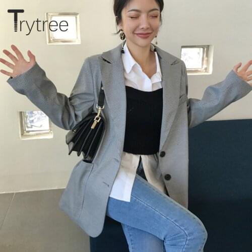 Trytree 2020 Spring Autumn Women Suit Coat Casual Turn-down Collar Single Breasted Belt Fashion Loose Office Lady Suit Coat