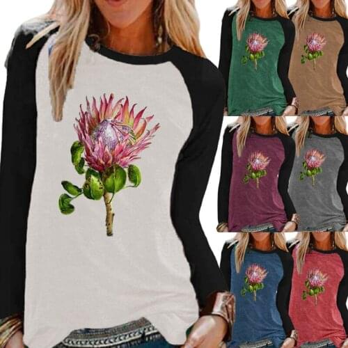 Autumn Fashion Women Casual Long Sleeve Top Flower Print Round Neck Loose T-shirt Pullover Sweatshirt Oversized Ladies T-shirt