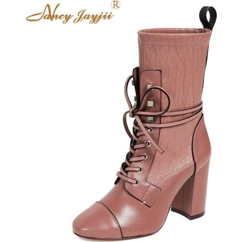 Brown Veruka Ankle Boots Lace up Woman Shoes Chunky Heel 10cm Round Toe Pleated LeatherAutumn 2021 Female Large Size 40 41