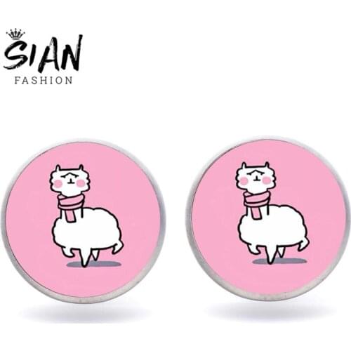 SIAN Alpaca Llama Earrings 2019 Cartoon White Sheep Photo Glass Cabochon Statement Stud Earring Women Girls Party Sweet Jewelry