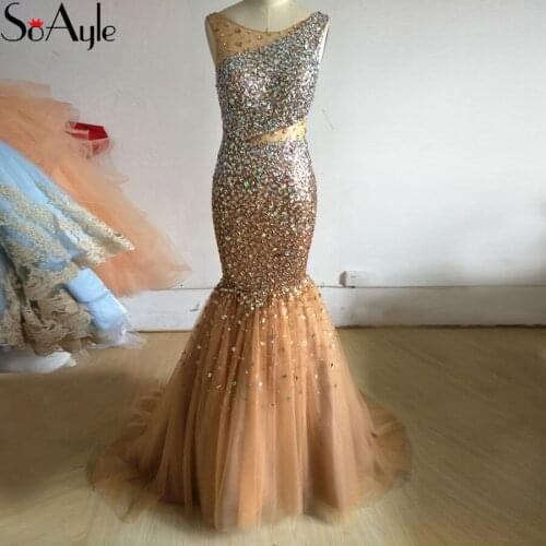 SoAyle 2018 Mermaid Evening Dresses Crystals Beaing Ombre Gradient Color Tulle Prom Gowns Backless Sexy Bling Bling Dresses