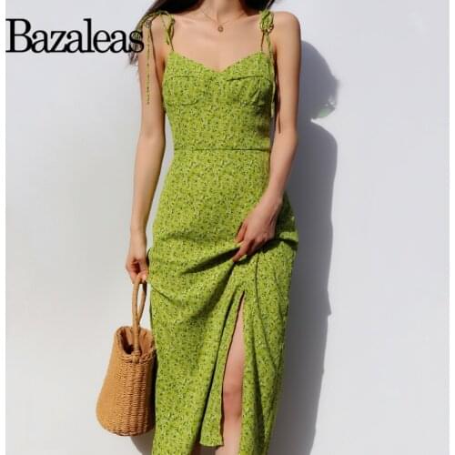 Bazaleas Green Floral Print Midi Dress Vintage Elastic Side Split Women Dress Elegant Adjust Spaghetti Straps Vestido