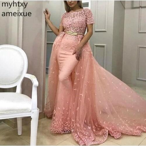 New Arrival Lace Plus Size Evening Event Dress Abendkleider 2020 Dubai Kaftan Arabic Women Dresses Pink Party Robe De Soiree