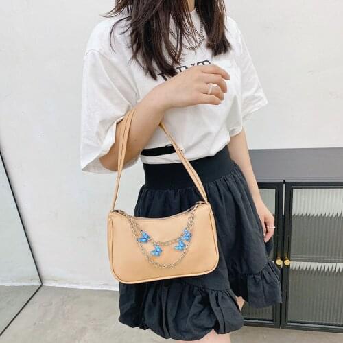 2021 Fashion Women PU Leather Small Shoulder Underarm Bag Ladies Vintage Butterfly Chain Pure Color Zipper Mini Purse Handbag