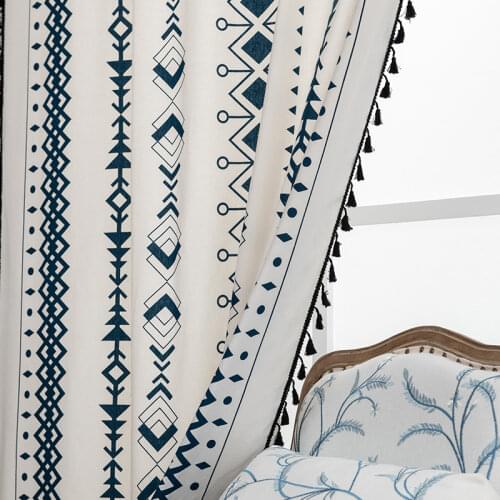 Bohemian Cube Printing For Kitchen Door Linen Cloth Curtain Semi-Shading Black Tassel Bay Window Divider Drapes