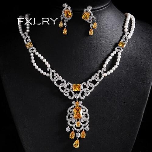 FXLRY Vintage White Color Arrow Heart With Square Shape CZ and Pearl Jewelry Sets For Party Accessories