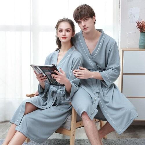 Couples Large Robe Kimono Bath Gown Blue Waffle Nightgown Spring Summer Nightwear Sexy Women Sleepwear Home Clothes Lingerie